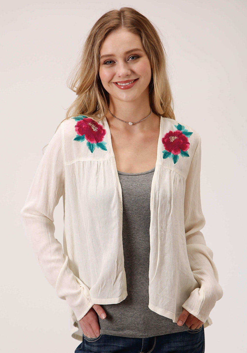 Roper Womens White With Floral Embroidery Long Sleeve Cardigan - Roper - Flyclothing LLC