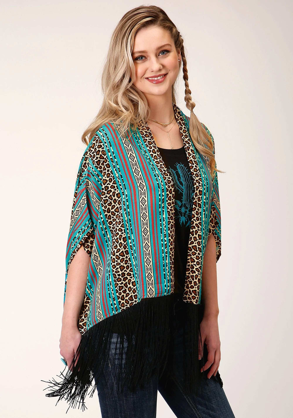 Roper Womens Leopard Stripe Print Rayon Poncho Cardigan - Roper - Flyclothing LLC