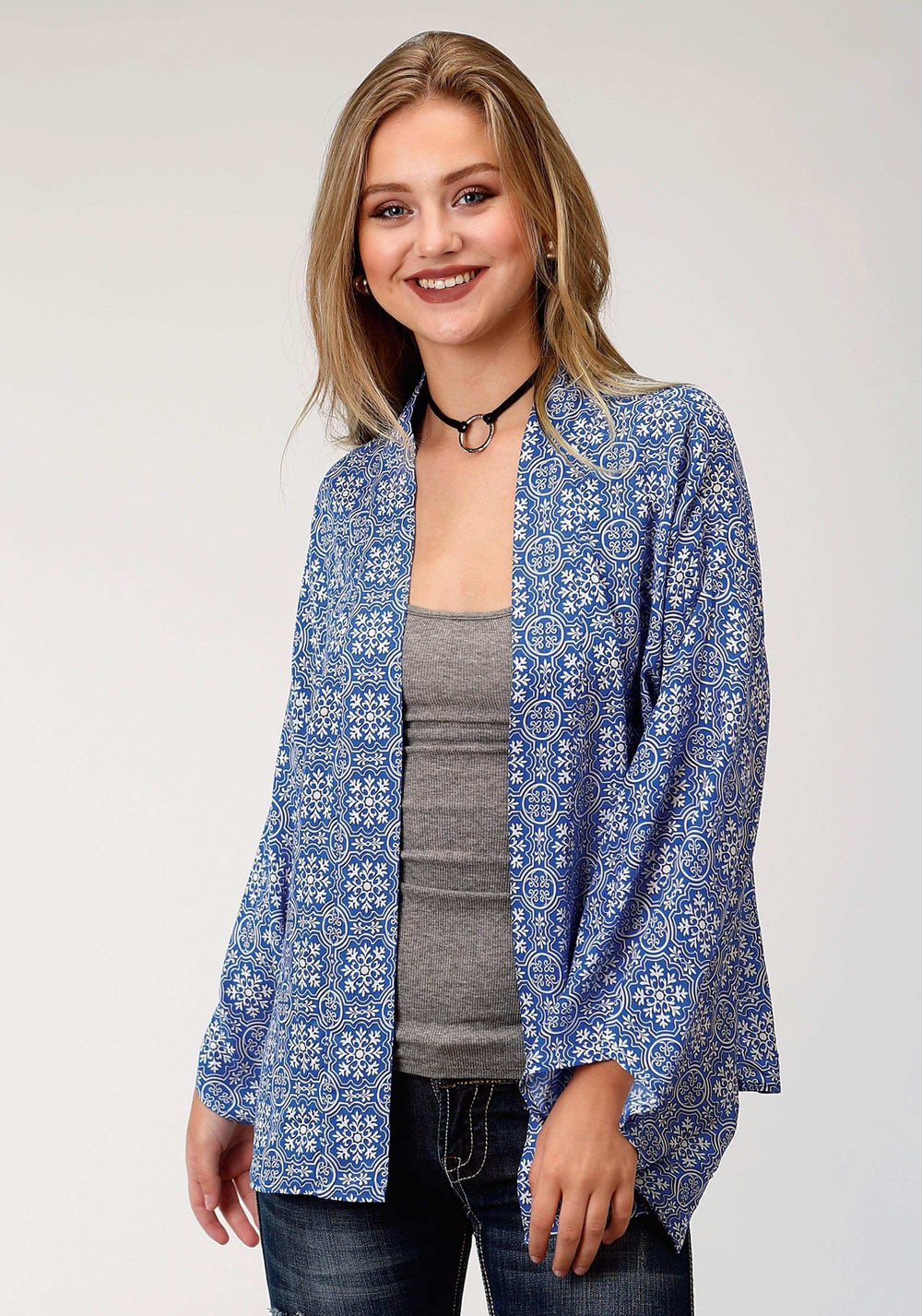 Roper Womens Blue Handkerchief Printed Long Sleeve Cardigan - Roper - Flyclothing LLC