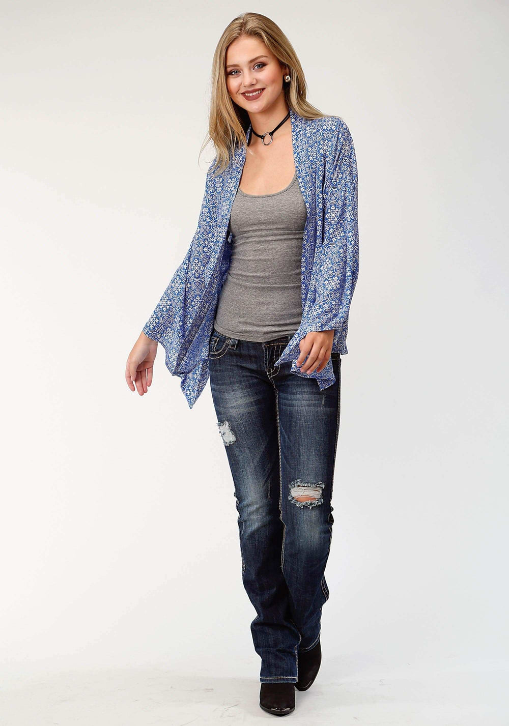Roper Womens Blue Handkerchief Printed Long Sleeve Cardigan - Roper - Flyclothing LLC