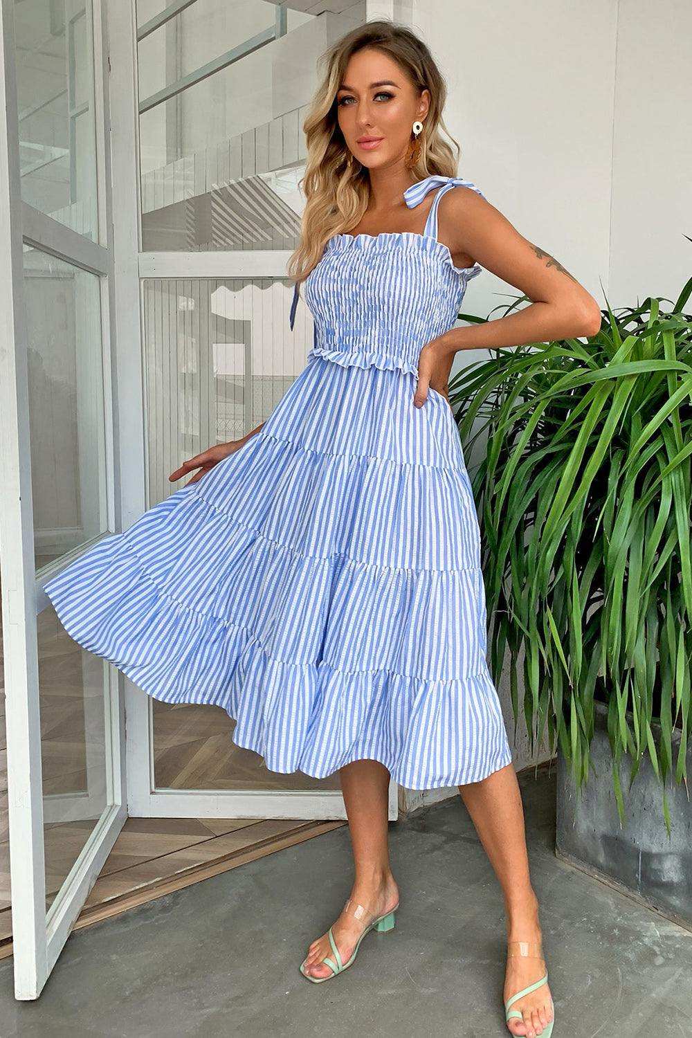 Striped Tie-Shoulder Tiered Dress - Trendsi - Flyclothing LLC