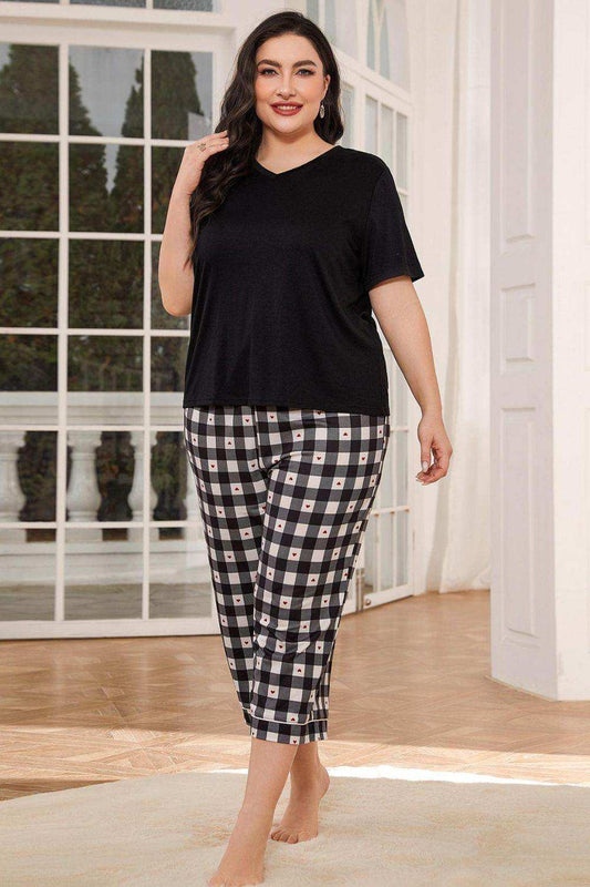 V-Neck Tee and Plaid Cropped Pants Lounge Set - Trendsi - Flyclothing LLC