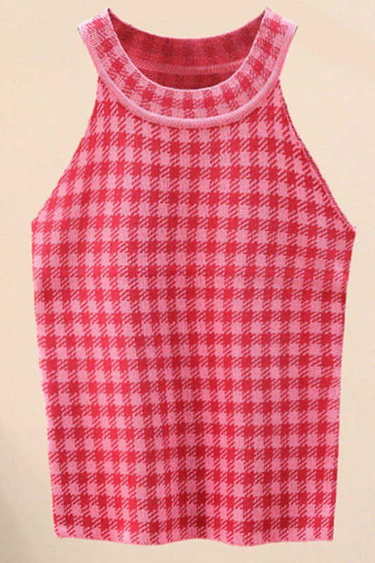 Plaid Round Neck Sleeveless Knit Top - Trendsi - Flyclothing LLC