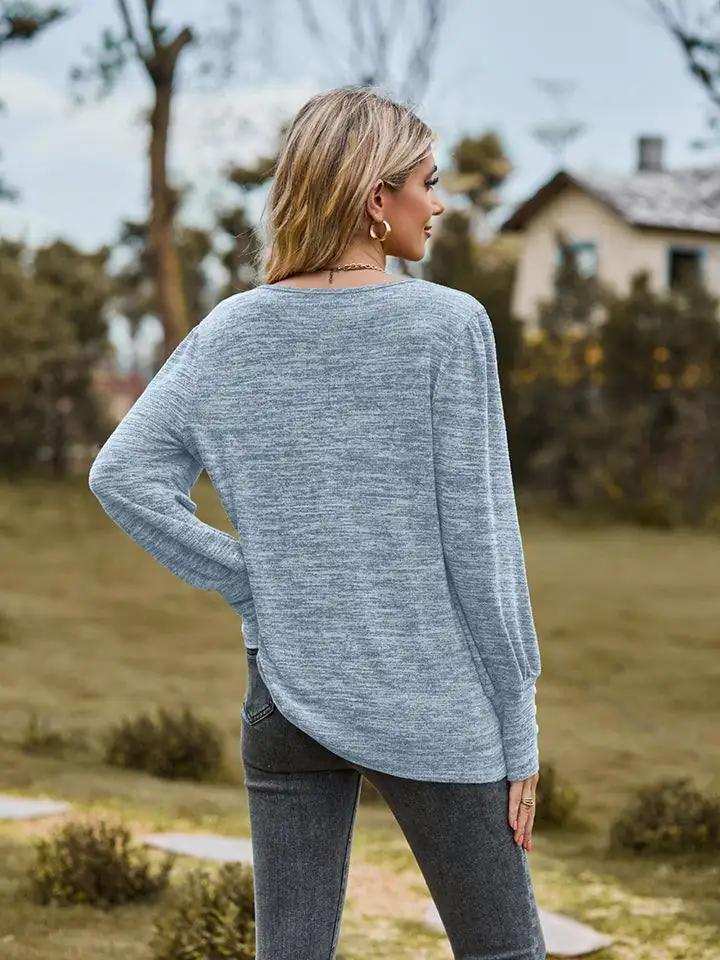 Round Neck Long Sleeve Buttoned T-Shirt - Trendsi - Flyclothing LLC