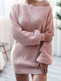 Rib-Knit Balloon Sleeve Boat Neck Sweater Dress - Trendsi - Flyclothing LLC