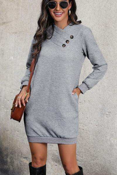Textured Decorative Button Mini Dress - Trendsi - Flyclothing LLC
