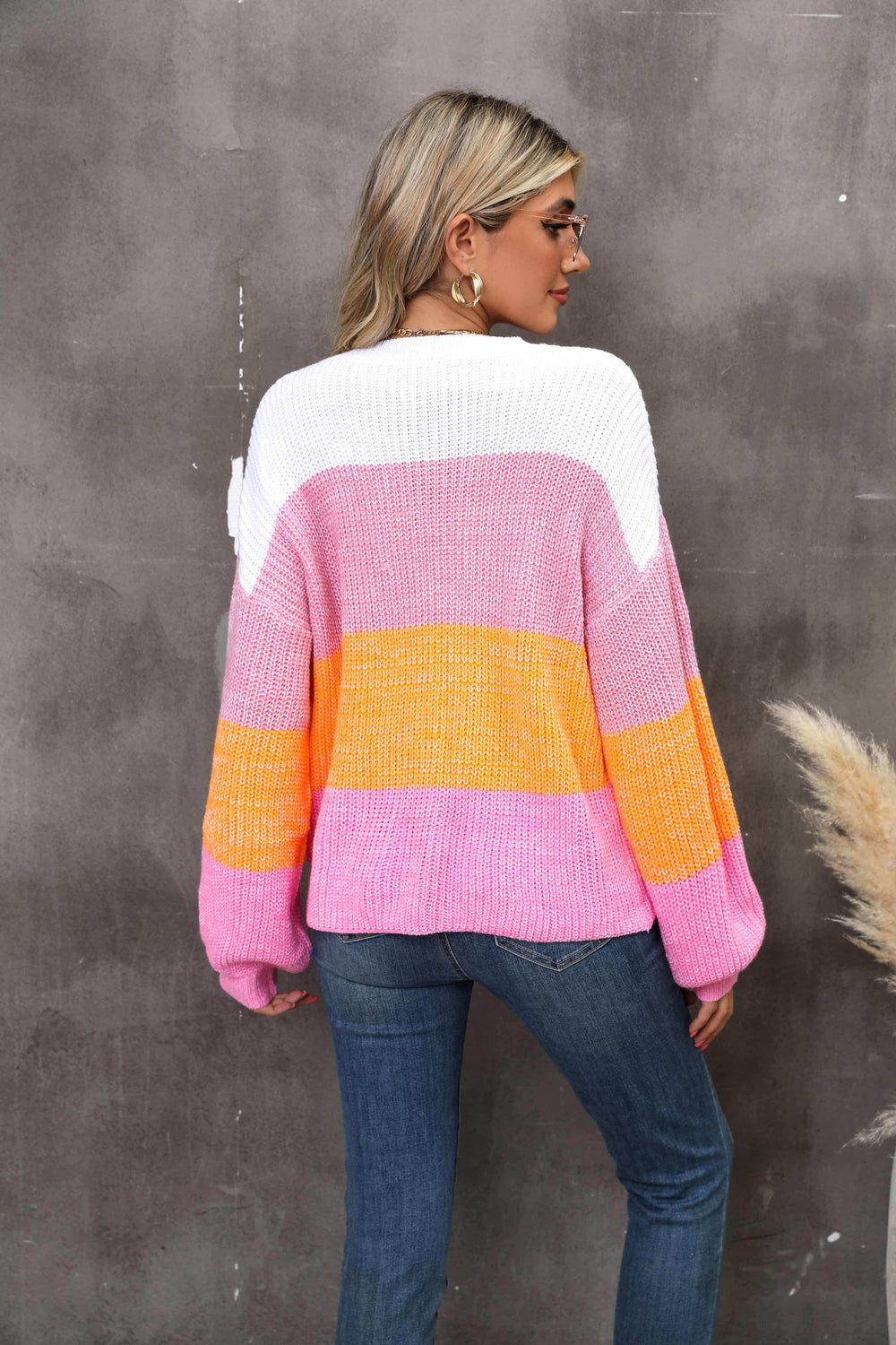 Color Block Round Neck Dropped Shoulder Sweater - Trendsi - Flyclothing LLC