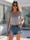 Decorative Button Round Neck Cold Shoulder T-Shirt - Trendsi - Flyclothing LLC