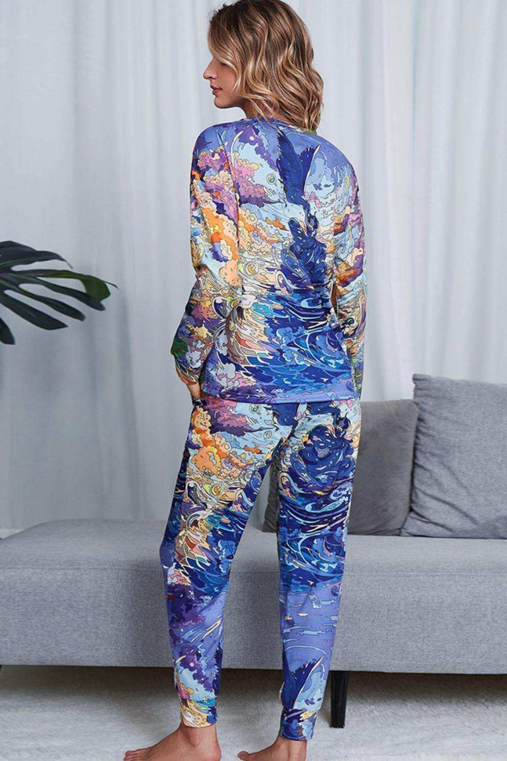 Tie-Dye Crewneck Top and Drawstring Waist Joggers Lounge Set - Trendsi - Flyclothing LLC