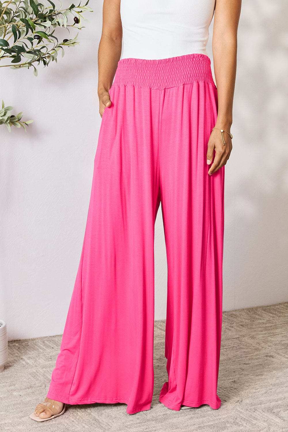 Double Take Full Size Smocked Wide Waistband Wide Leg Pants - Trendsi - Flyclothing LLC