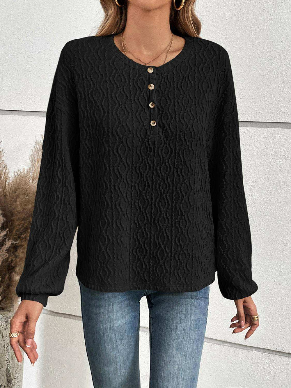 Half Button Long Sleeve Top - Trendsi - Flyclothing LLC