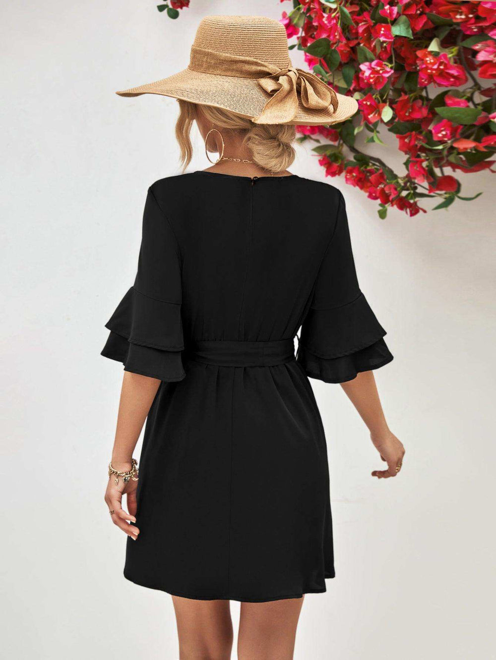 Round Neck Tie Belt Flounce Sleeve Dress - Trendsi - Flyclothing LLC