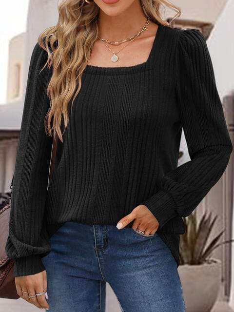 Square Neck Long Sleeve Top - Trendsi - Flyclothing LLC