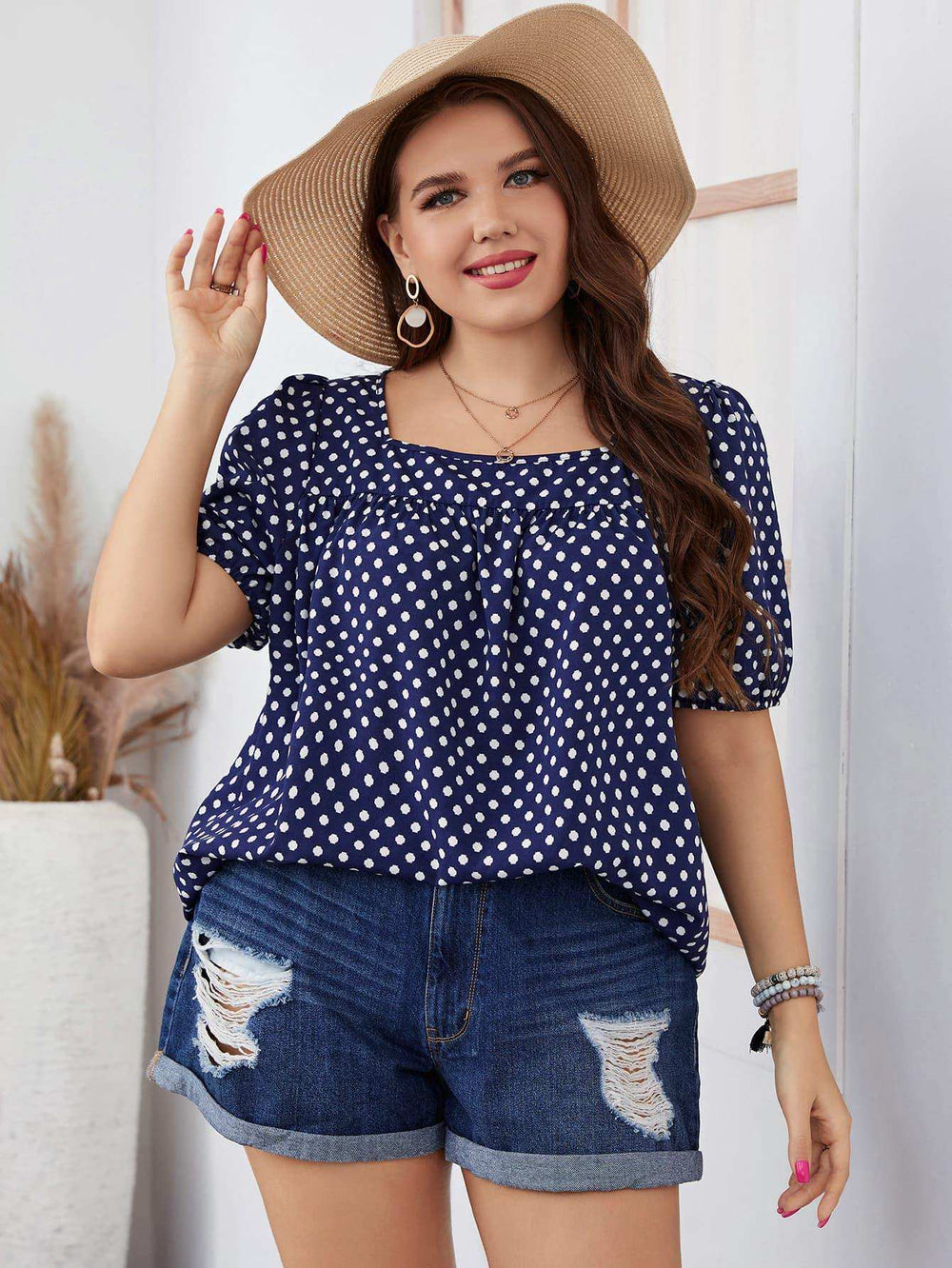 Plus Size Polka Dot Square Neck Blouse - Trendsi - Flyclothing LLC