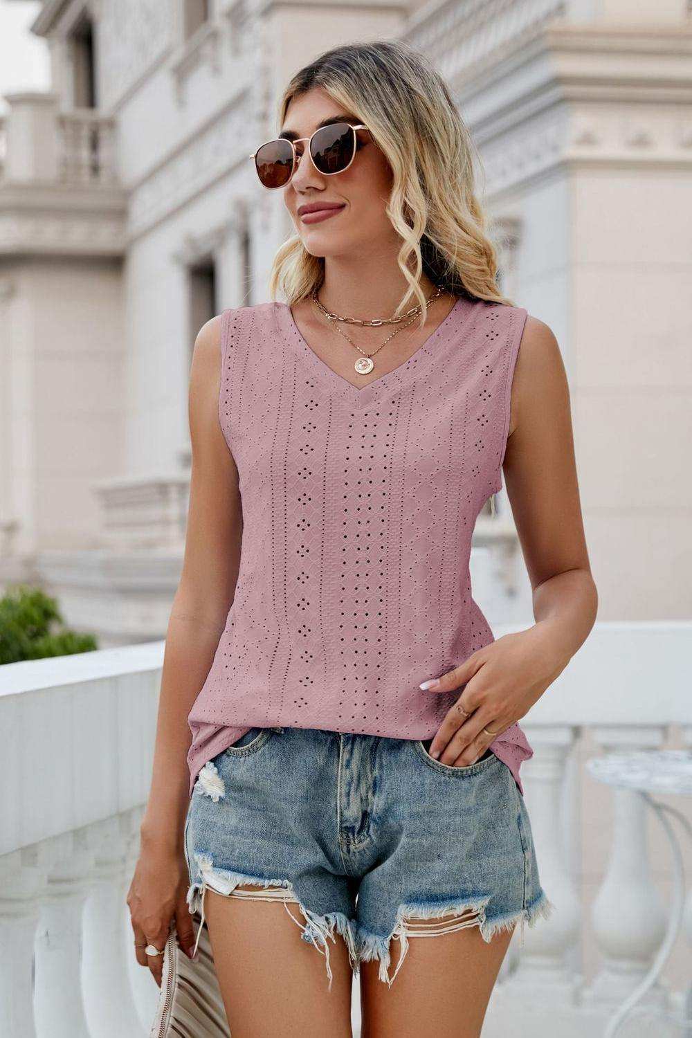Eyelet V-Neck Tank - Trendsi - Flyclothing LLC