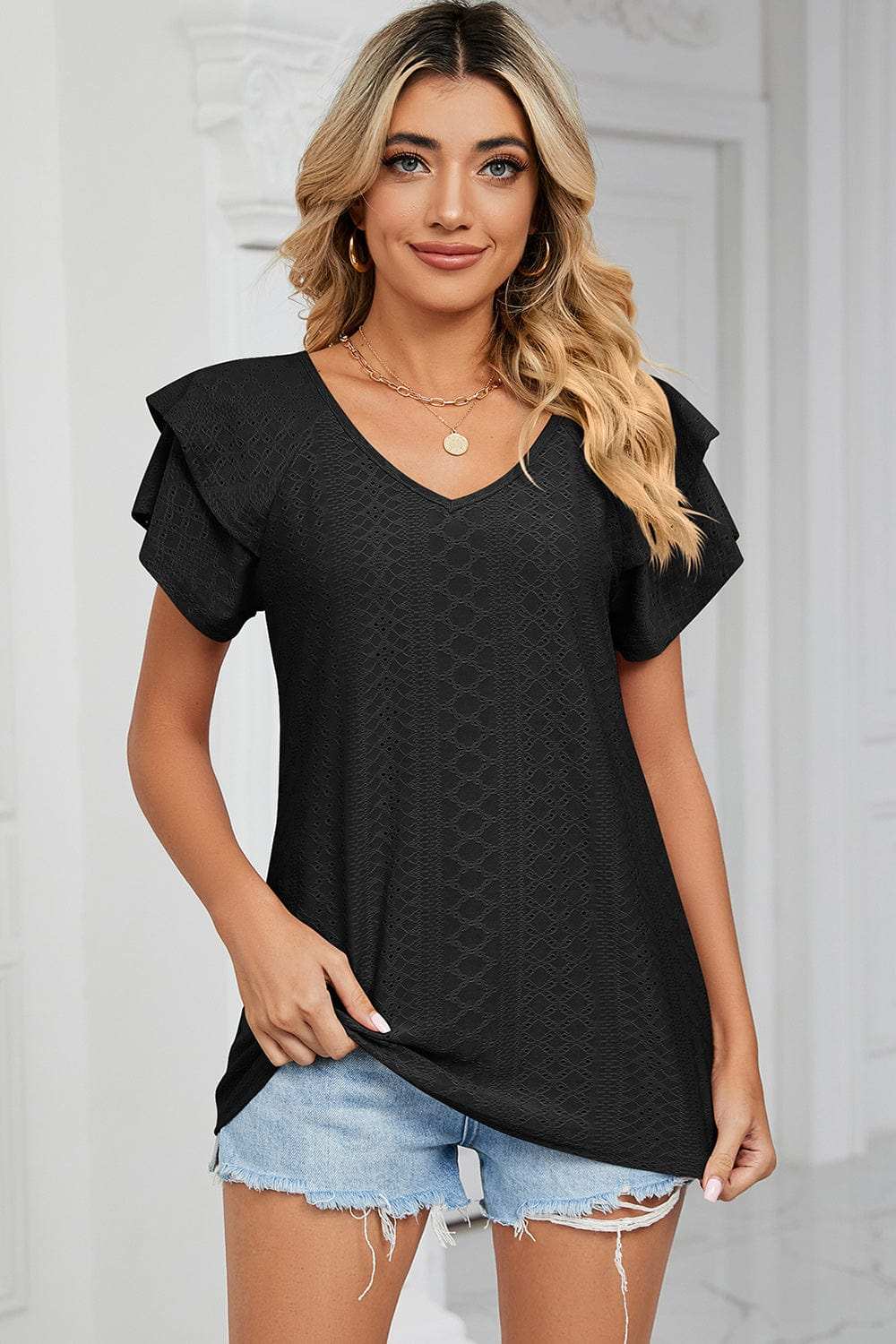 Eyelet V-Neck Short Sleeve T-Shirt - Trendsi - Flyclothing LLC