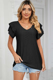 Eyelet V-Neck Short Sleeve T-Shirt - Trendsi - Flyclothing LLC