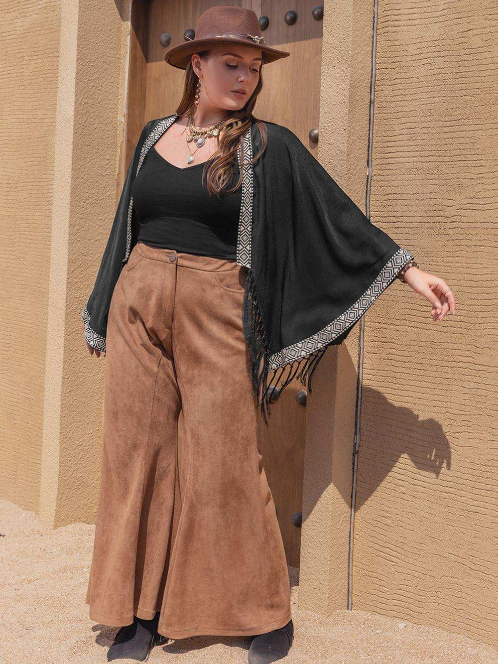 Plus Size Geometric Open Front Fringe Hem Cardigan - Trendsi - Flyclothing LLC