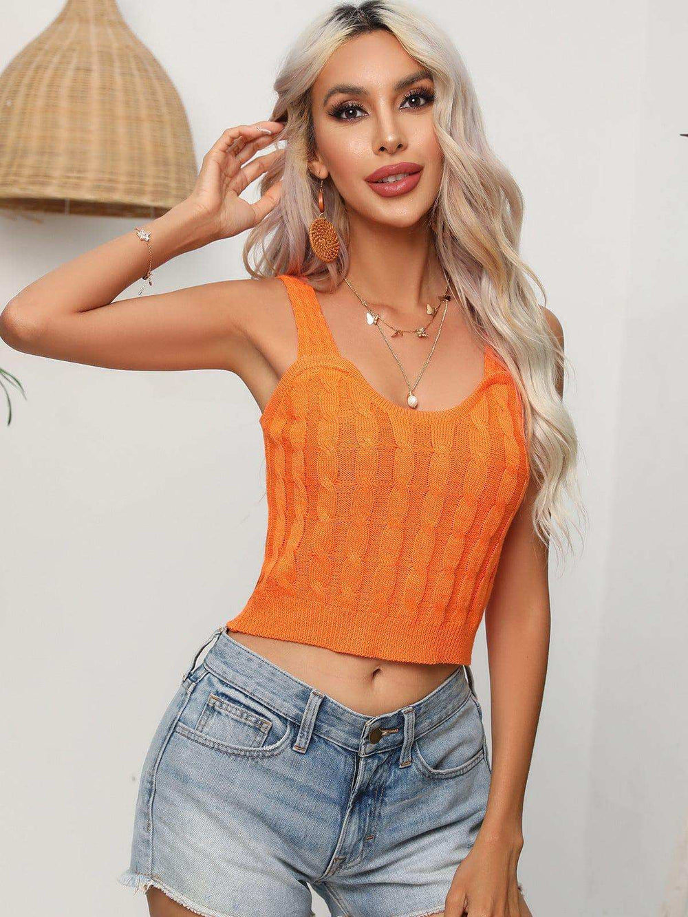 Cable-Knit Cropped Knit Tank - Trendsi - Flyclothing LLC