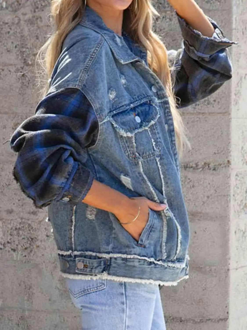 Raw Hem Distressed Denim Jacket - Trendsi - Flyclothing LLC