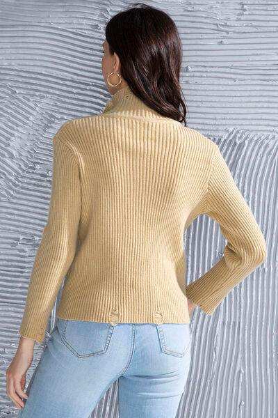 Ribbed Long Sleeve Slit Distressed Sweater - Trendsi - Flyclothing LLC