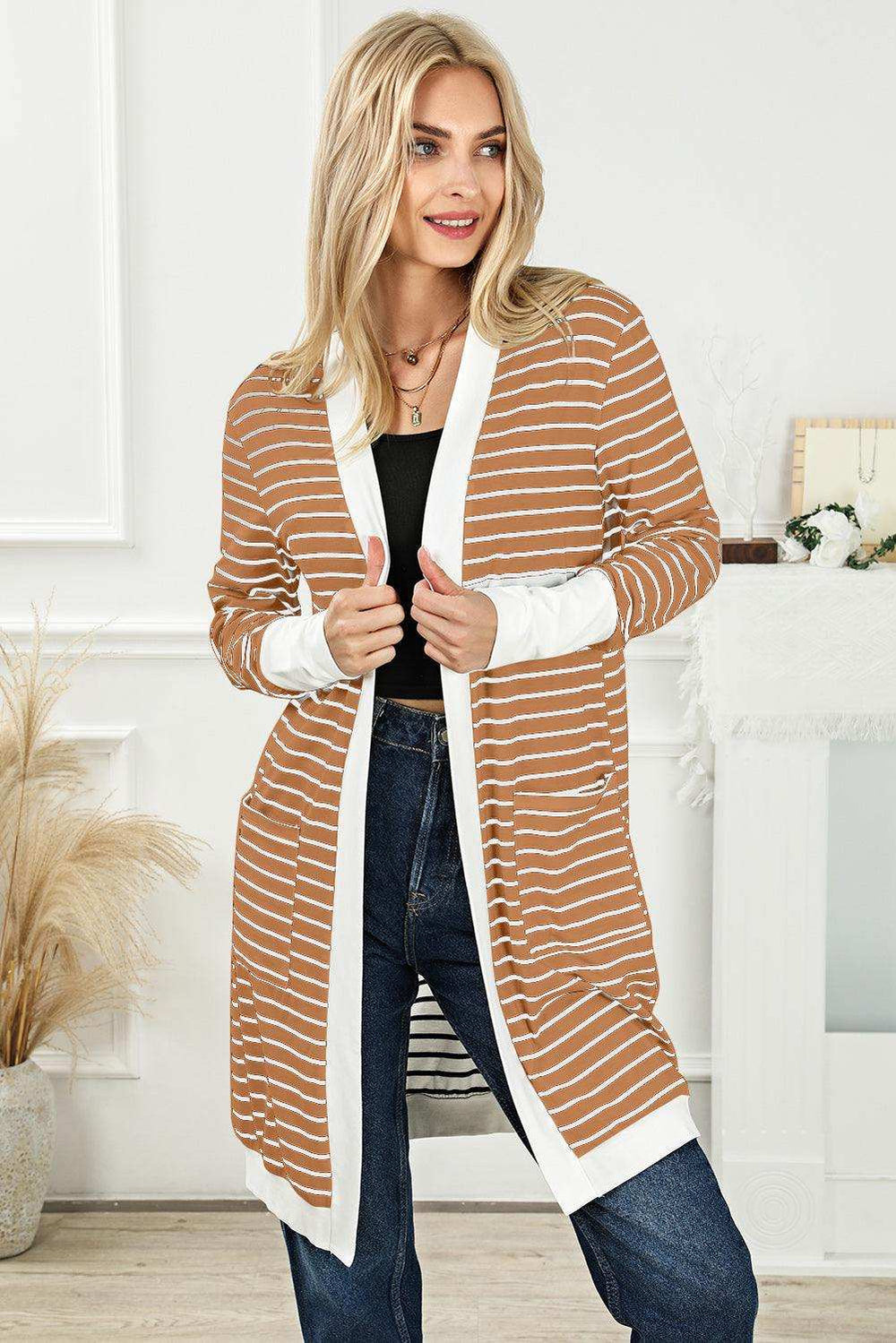 Striped Open Front Longline Cardigan - Trendsi - Flyclothing LLC