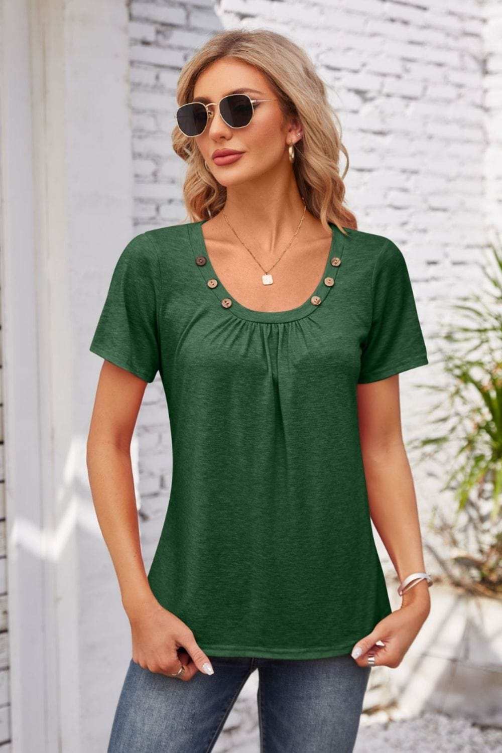 Decorative Button Scoop Neck T-Shirt - Trendsi - Flyclothing LLC