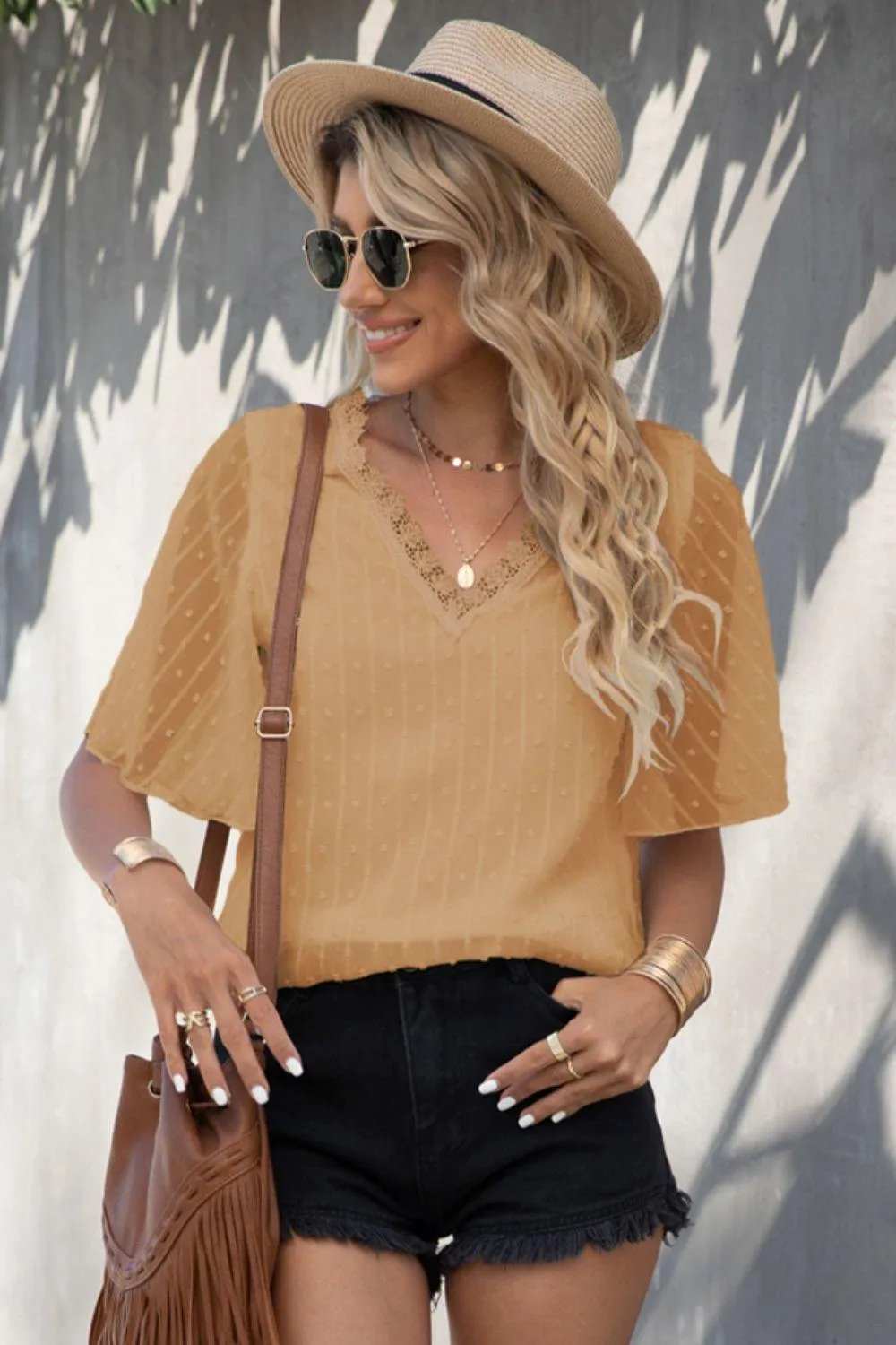 Swiss Dot Lace Trim Flutter Sleeve V-Neck Blouse - Trendsi - Flyclothing LLC