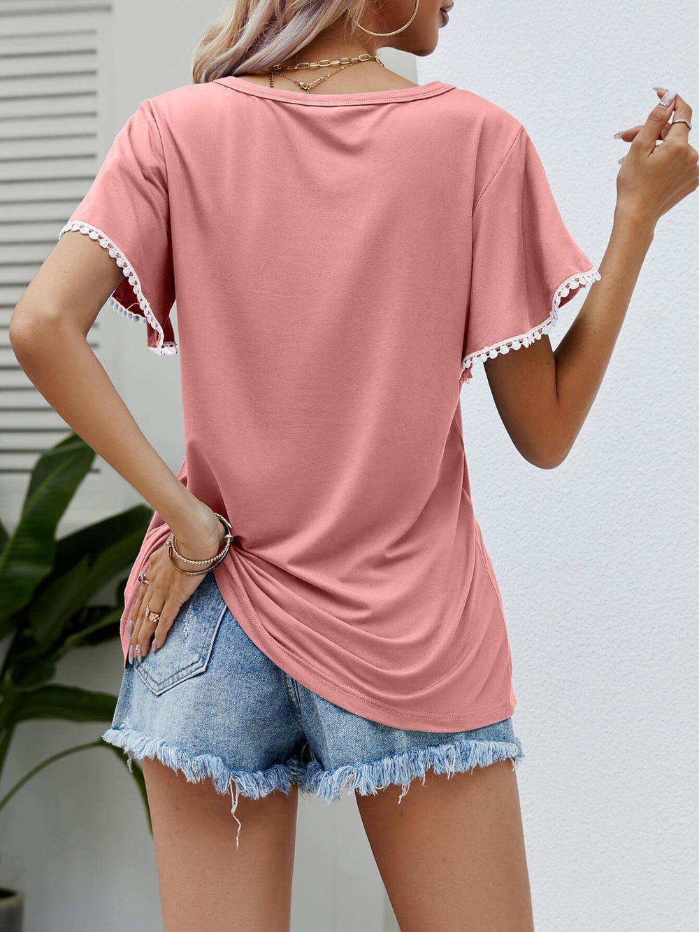 Pom-Pom Trim Flutter Sleeve Round Neck Tee - Trendsi - Flyclothing LLC