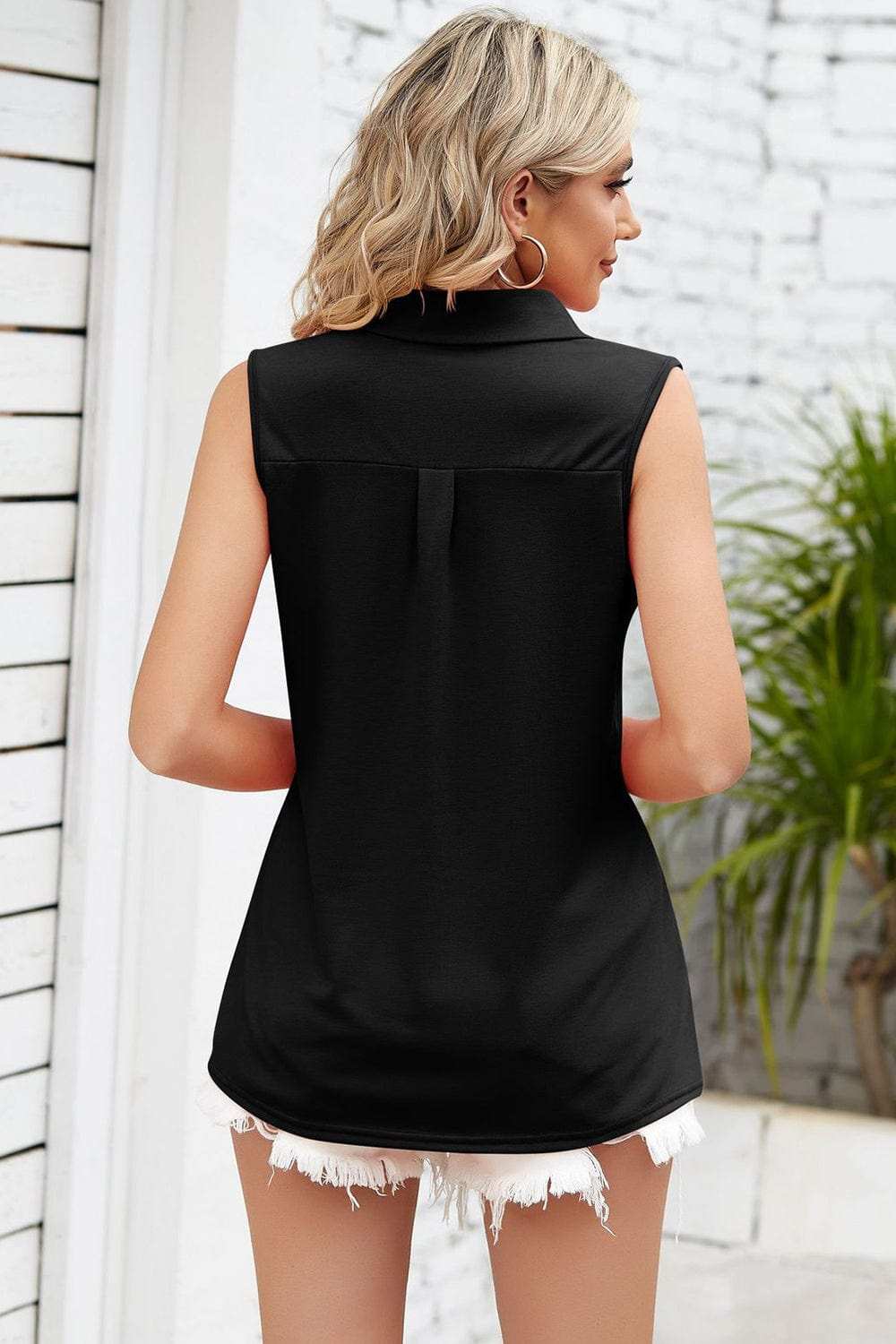 Ruched Johnny Collar Tank - Trendsi - Flyclothing LLC