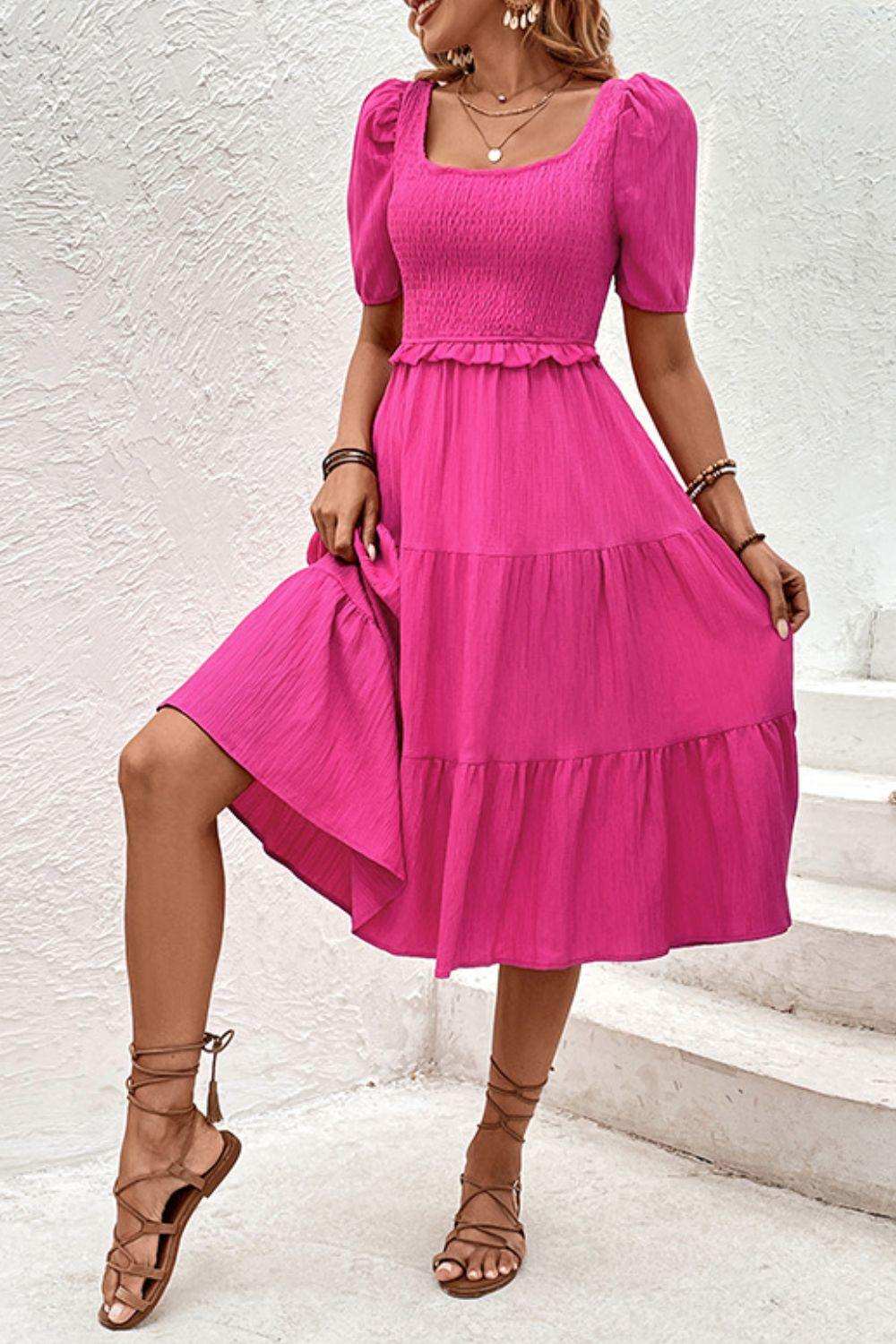 Square Neck Puff Sleeve Cutout Dress - Trendsi - Flyclothing LLC