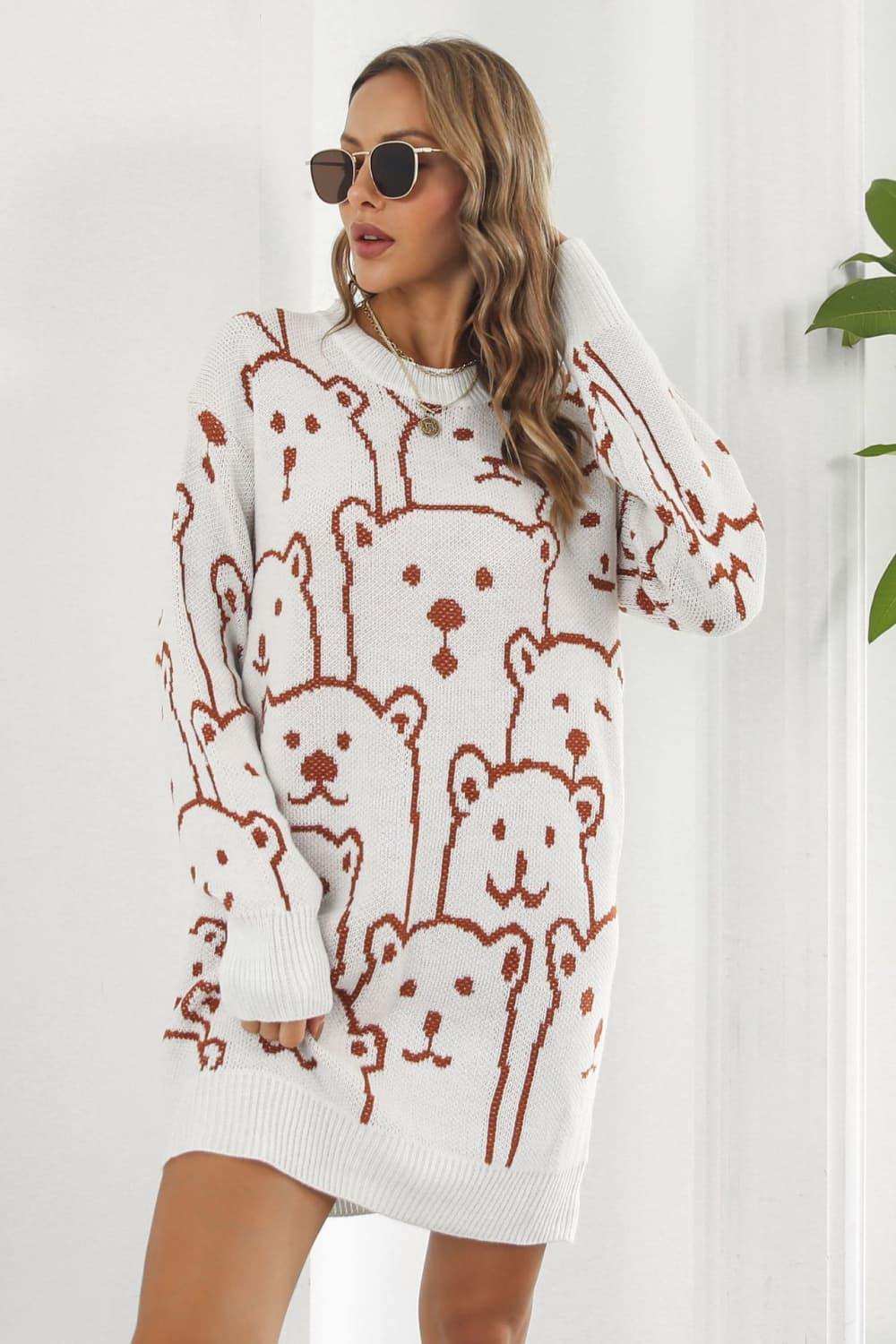 Bear Pattern Round Neck Sweater Dress - Trendsi - Flyclothing LLC