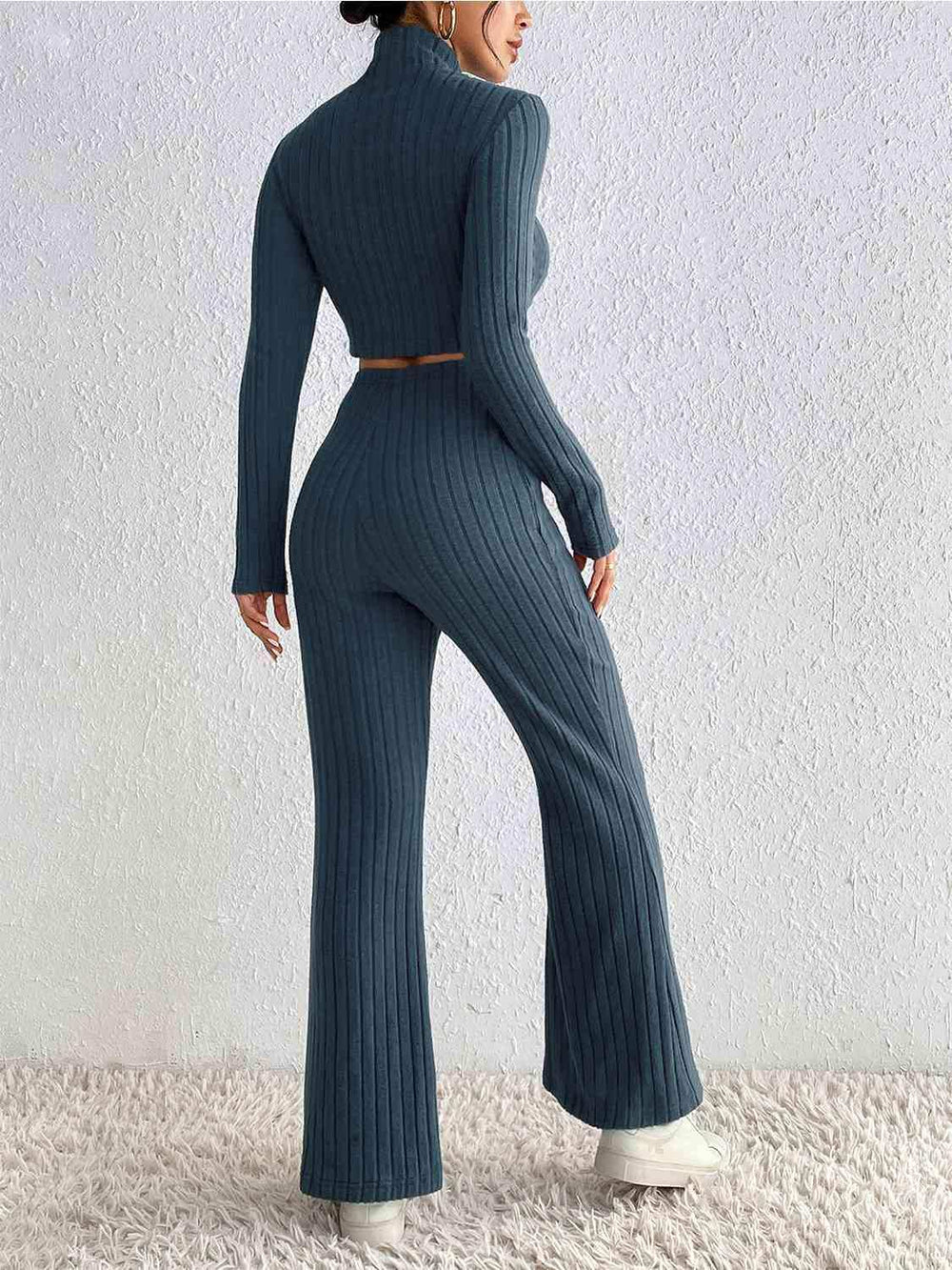 Ribbed Mock Neck Cropped Sweater & High Waist Pants Set - Trendsi - Flyclothing LLC