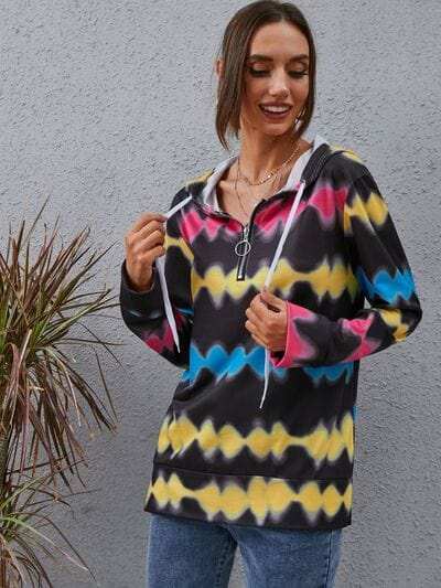 Contrast Quarter Zip Dropped Shoulder Hoodie - Trendsi - Flyclothing LLC