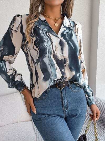 Printed Button Up Long Sleeve Shirt - Trendsi - Flyclothing LLC
