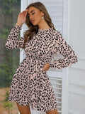 Printed Frill Neck Long Sleeve Dress - Trendsi - Flyclothing LLC