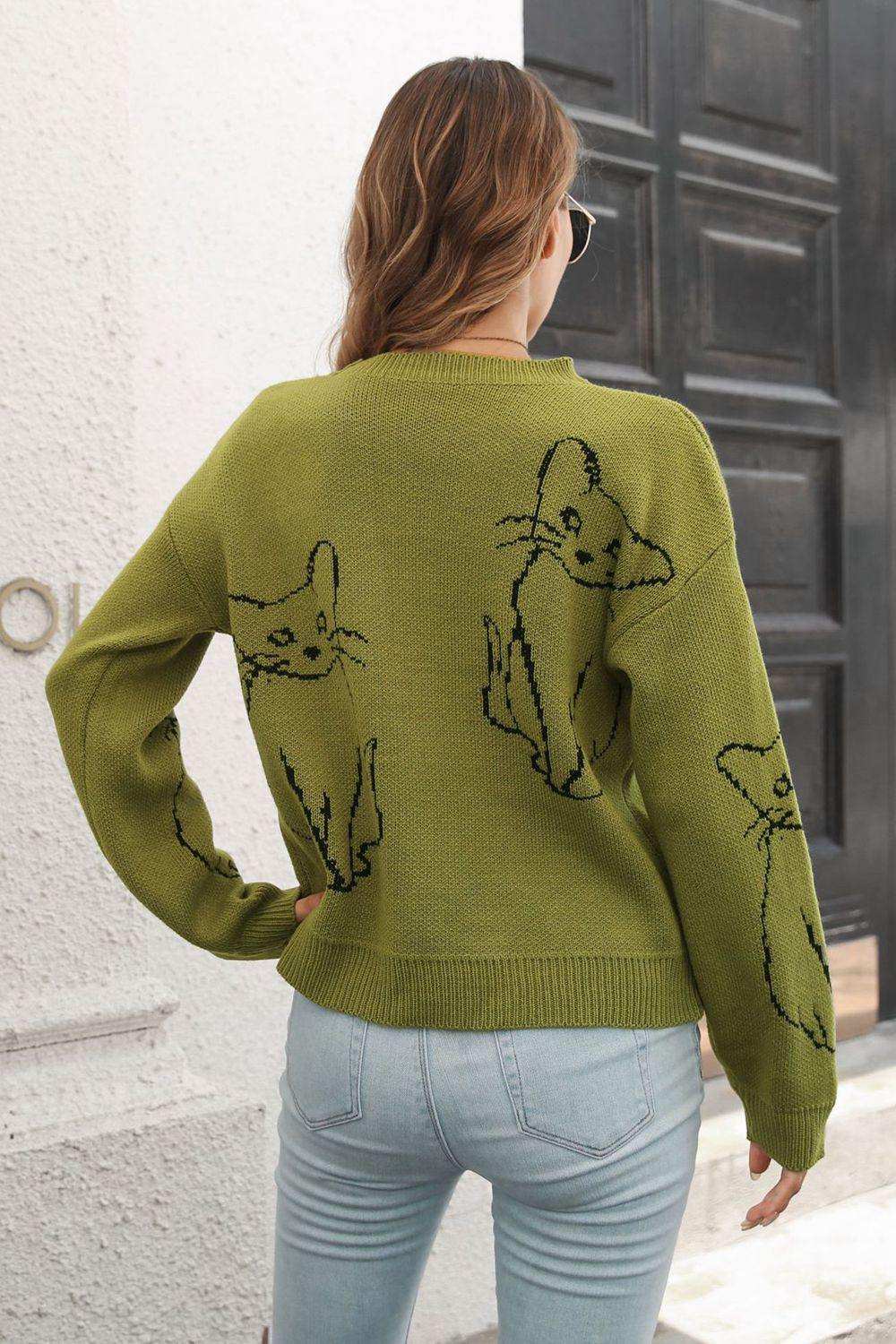 Cat Pattern Round Neck Long Sleeve Pullover Sweater - Trendsi - Flyclothing LLC