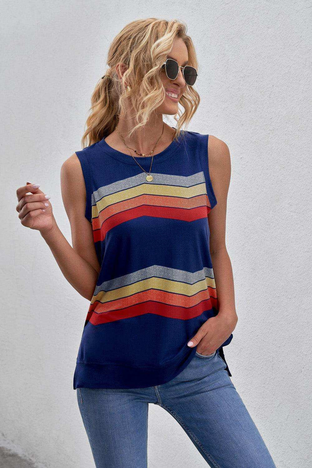 Printed Side Slit Round Neck Tank - Trendsi - Flyclothing LLC