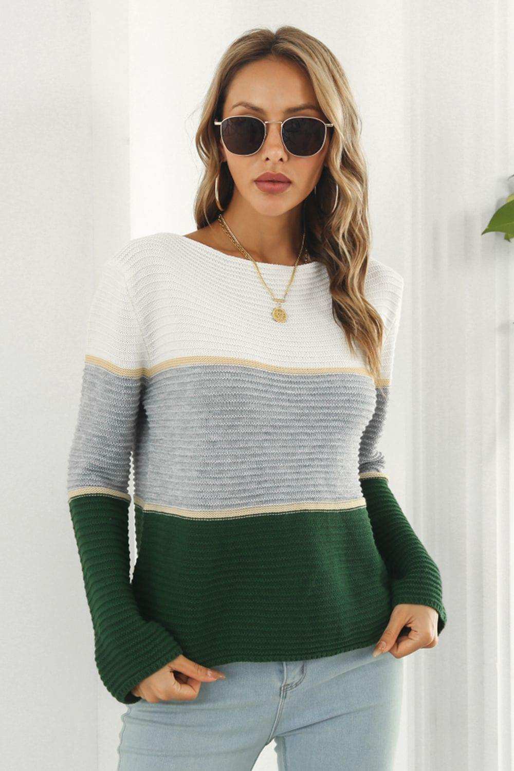 Color Block Horizontal Ribbing Sweater - Trendsi - Flyclothing LLC