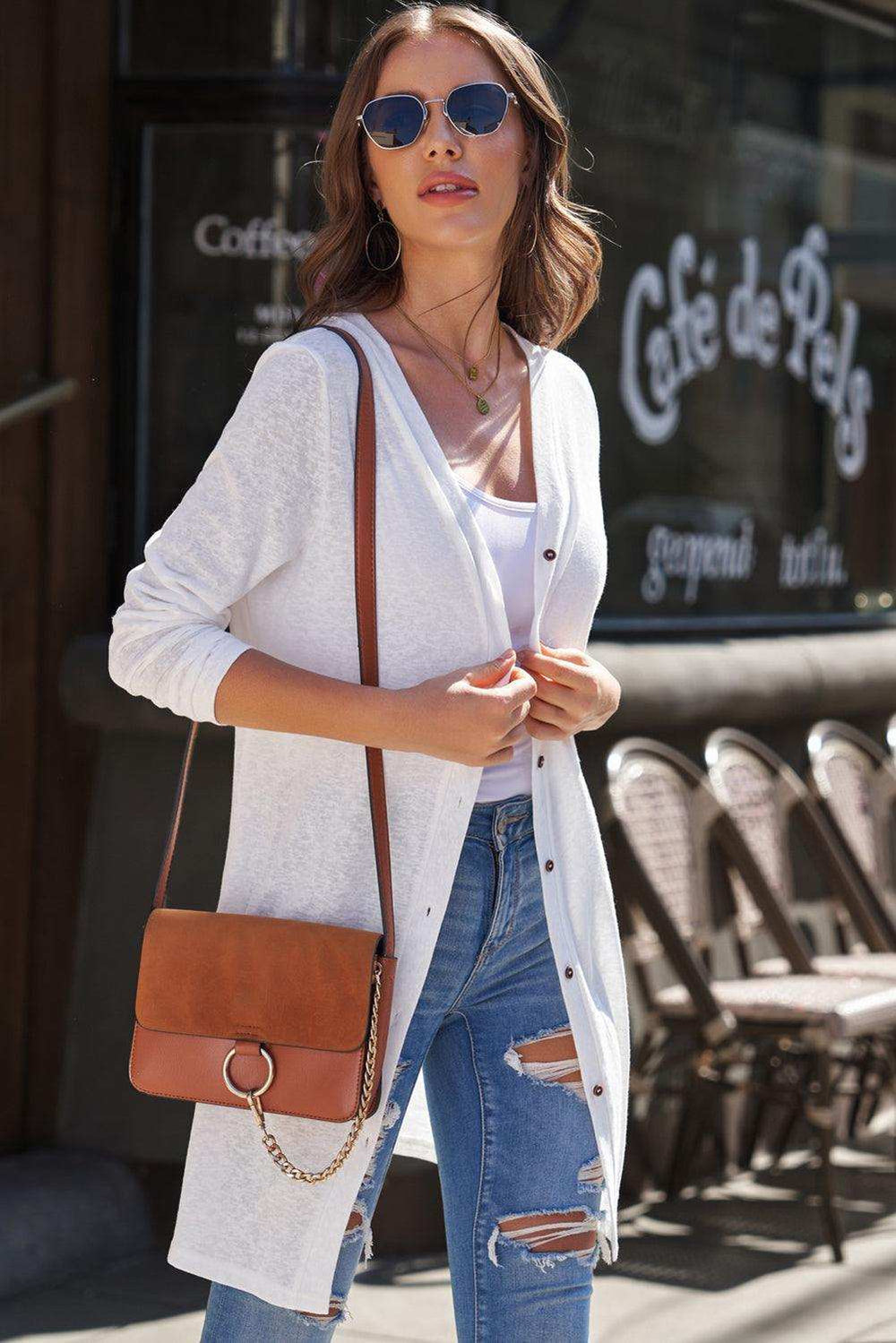 Button Down Long Sleeve Longline Cardigan - Trendsi - Flyclothing LLC