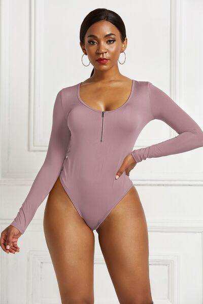 Half Zip Scoop Neck Long Sleeve Bodysuit - Trendsi - Flyclothing LLC