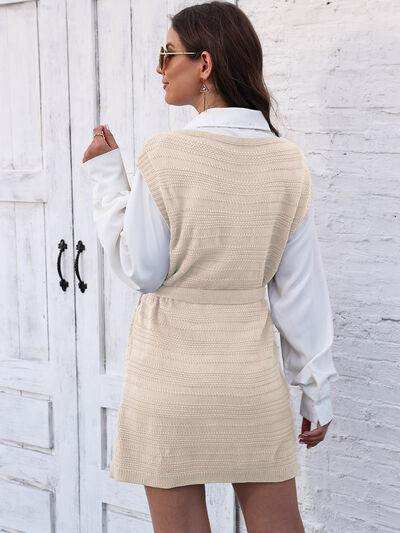 Tie Front V-Neck Sleeveless Slit Sweater Dress - Trendsi - Flyclothing LLC