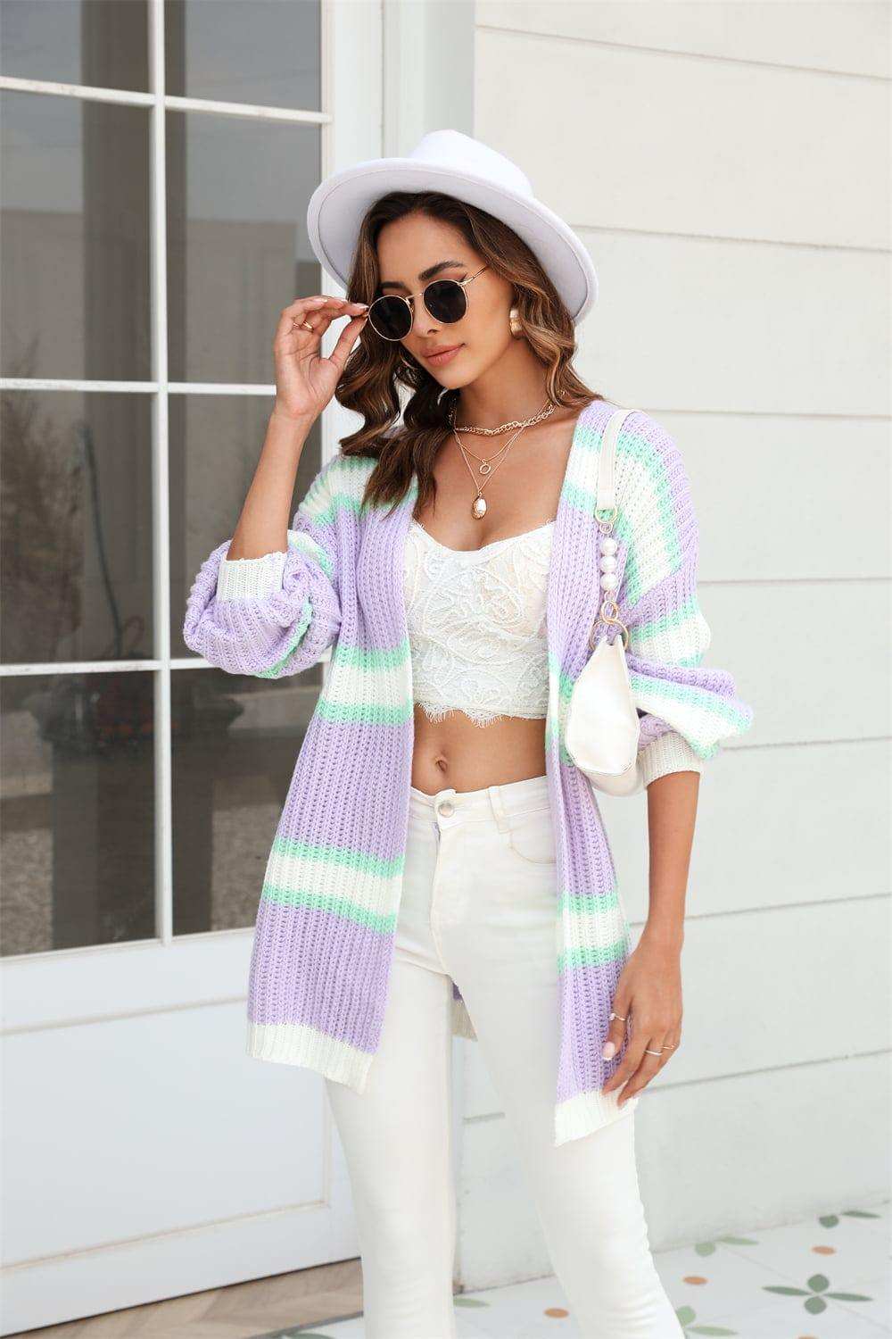 Color Block Ribbed Dropped Shoulder Open Front Cardigan - Trendsi - Flyclothing LLC