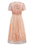 Sequin Leaf Embroidery Tie Front Short Sleeve Dress - Trendsi - Flyclothing LLC