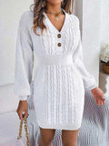Buttoned Cable-Knit V-Neck Sweater Dress - Trendsi - Flyclothing LLC