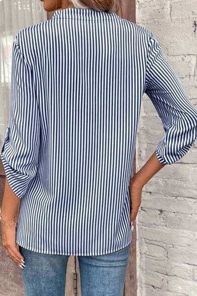 Striped Notched Roll-Tab Sleeve Shirt - Trendsi - Flyclothing LLC