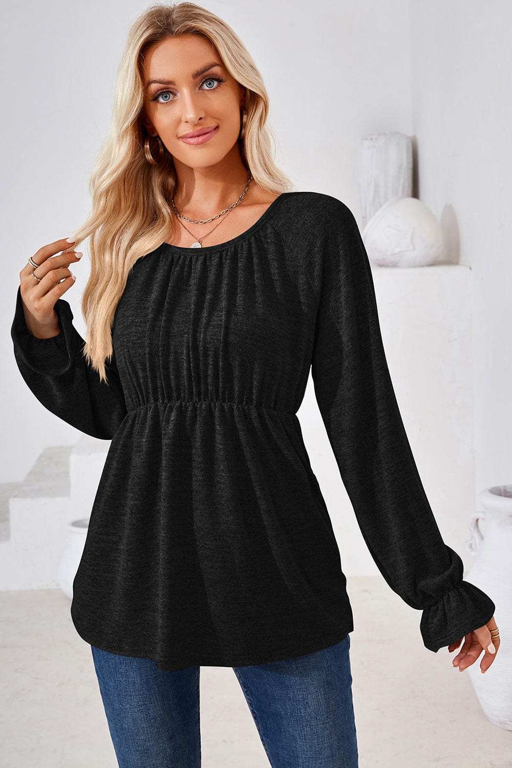 Ruched Round Neck Flounce Sleeve Blouse - Trendsi - Flyclothing LLC