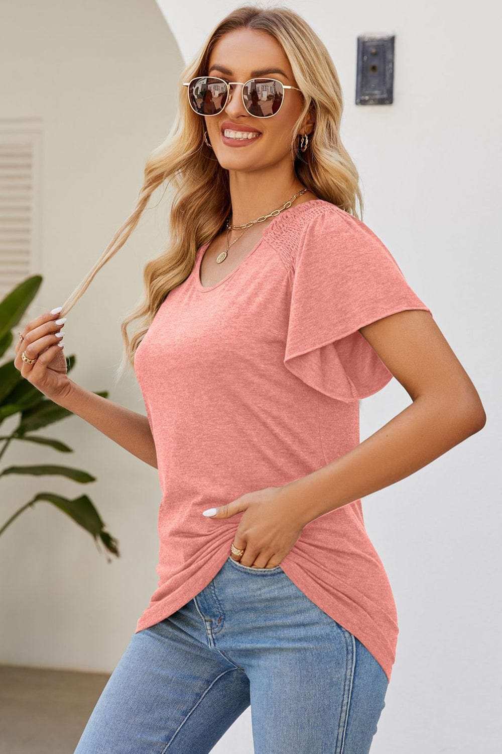 Smocked Round Neck Flutter Sleeve T-Shirt - Trendsi - Flyclothing LLC