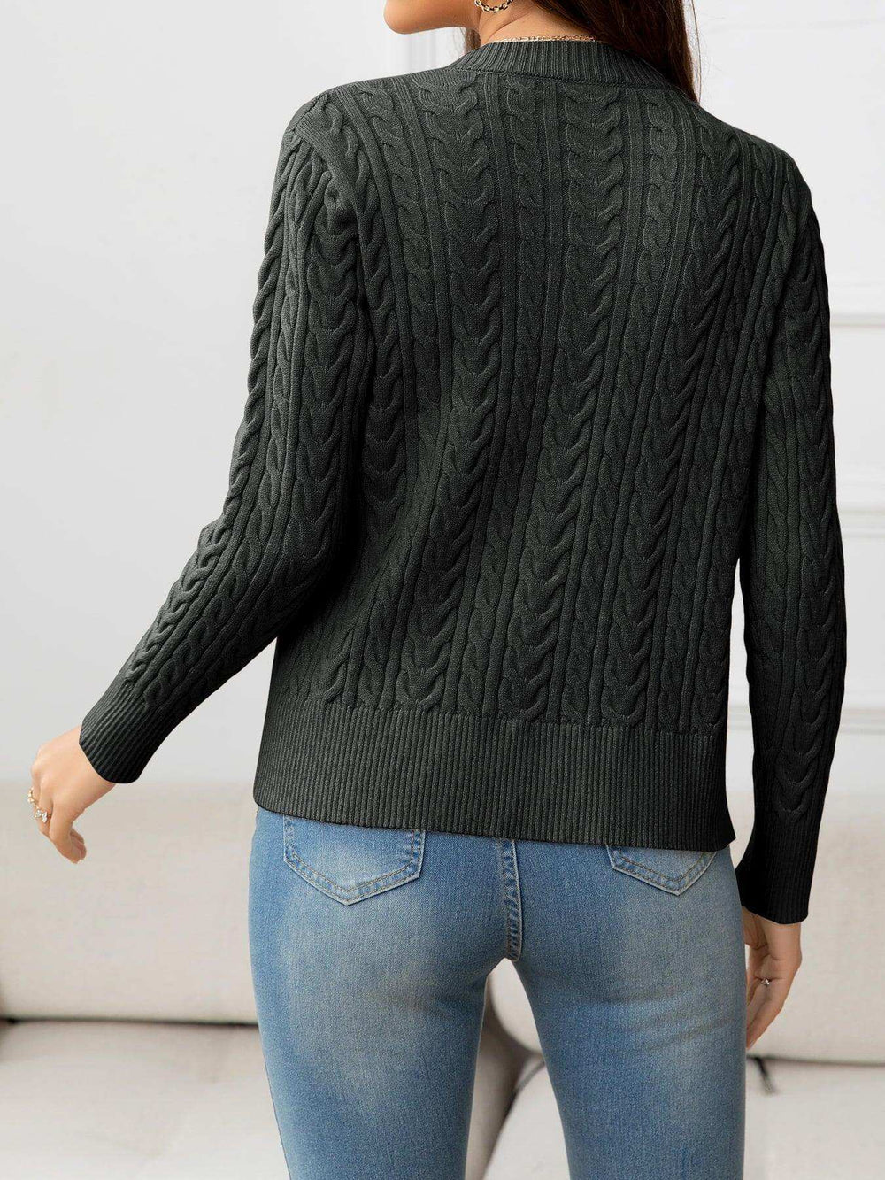 V-Neck Long Sleeve Cable-Knit Buttoned Knit Top - Trendsi - Flyclothing LLC