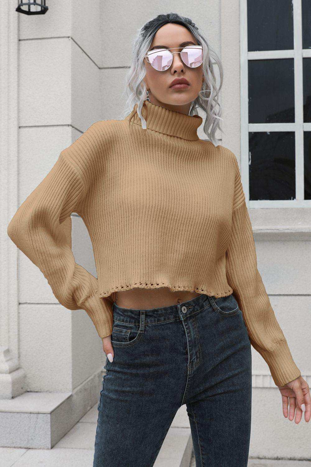 Turtleneck Dropped Shoulder Sweater - Trendsi - Flyclothing LLC